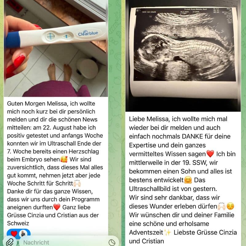 Cinzia's original messages to Melissa — a positive test and ultrasound (German).