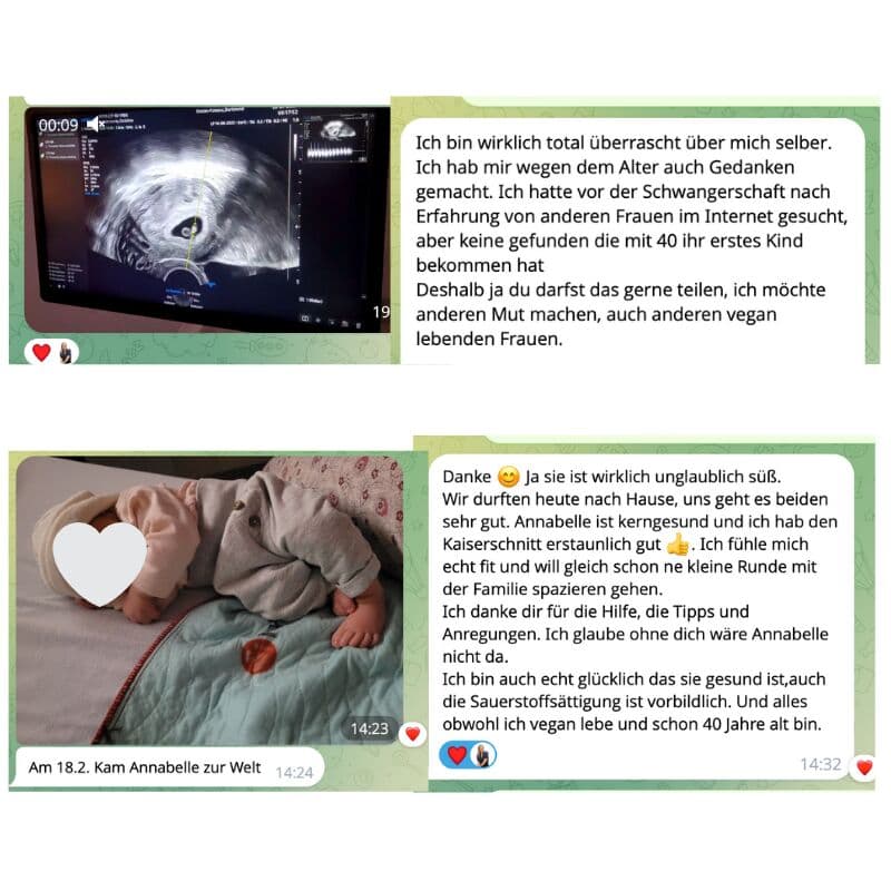 Original messages to Melissa — an ultrasound and the baby's arrival (German, baby's face covered for privacy).